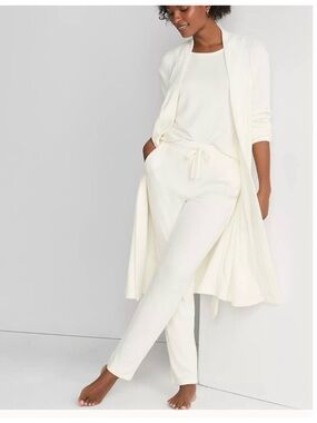 Lands’ End Women's Ivory 3 Piece Pajama Set - Robe Top and Pants Size 2XL